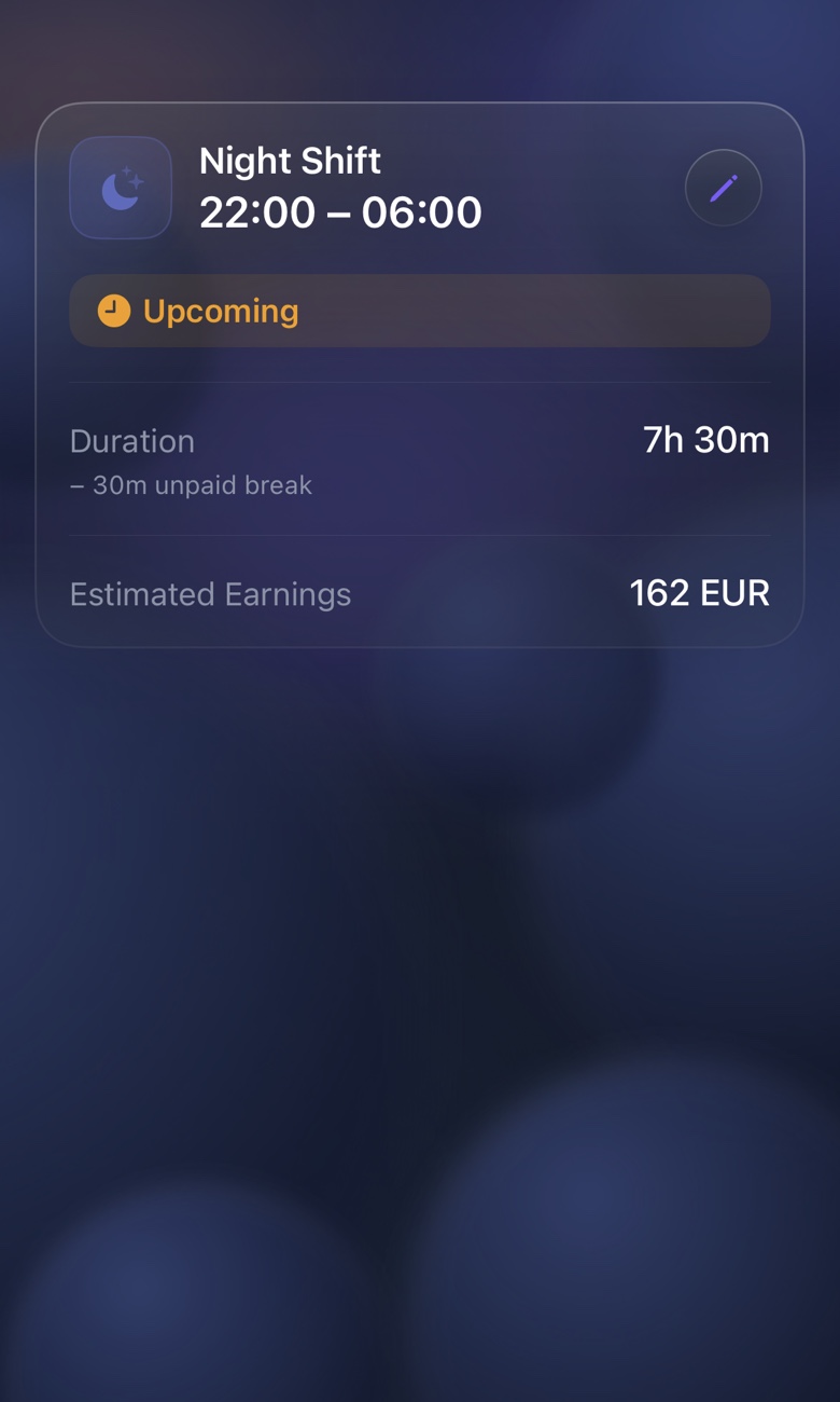 Actual ShiftMoon screen: a night shift from 22:00 to 06:00, 7 hours 30 minutes and estimated earnings.