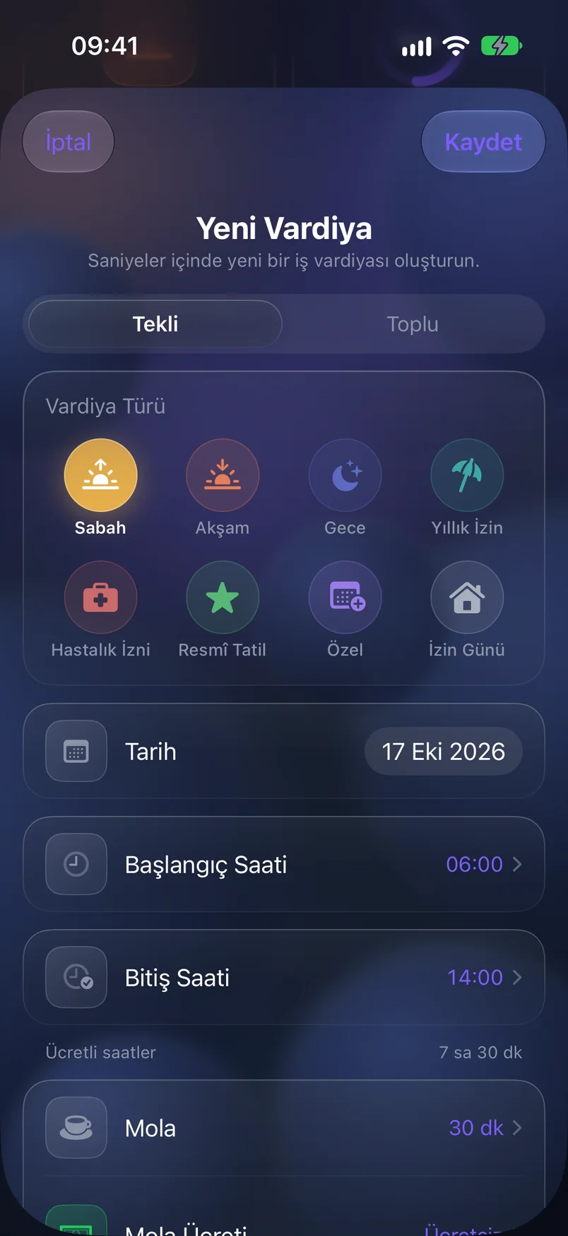 Yeni vardiya — ShiftMoon