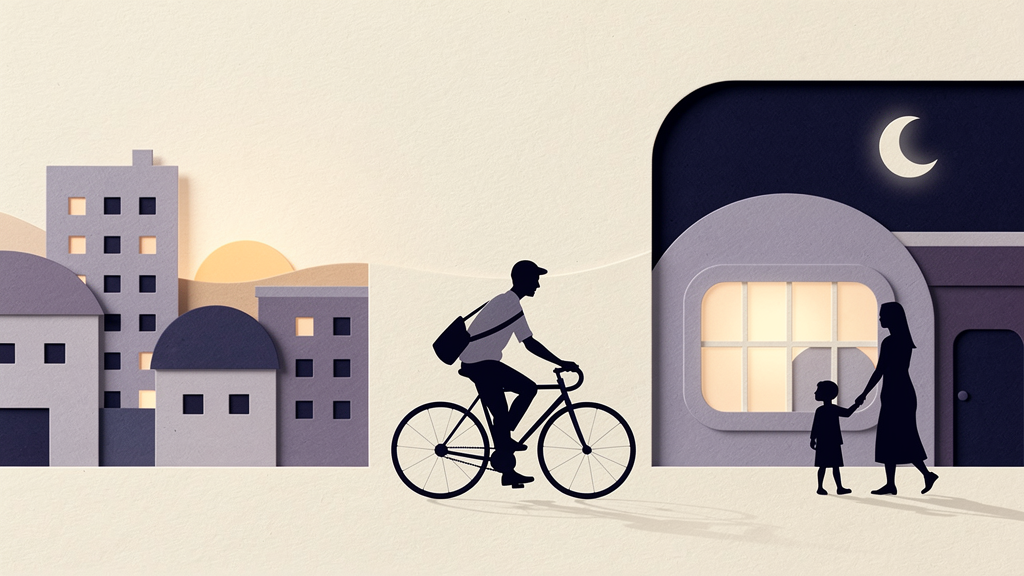 Original ShiftMoon illustration: sunrise, cycling home after work and an evening with family.